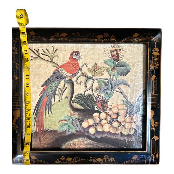 Vintage Asian Art Lacquered Panel Hand-Painted Scene Parrot Butterflies & Grapes - Picture 4 of 10